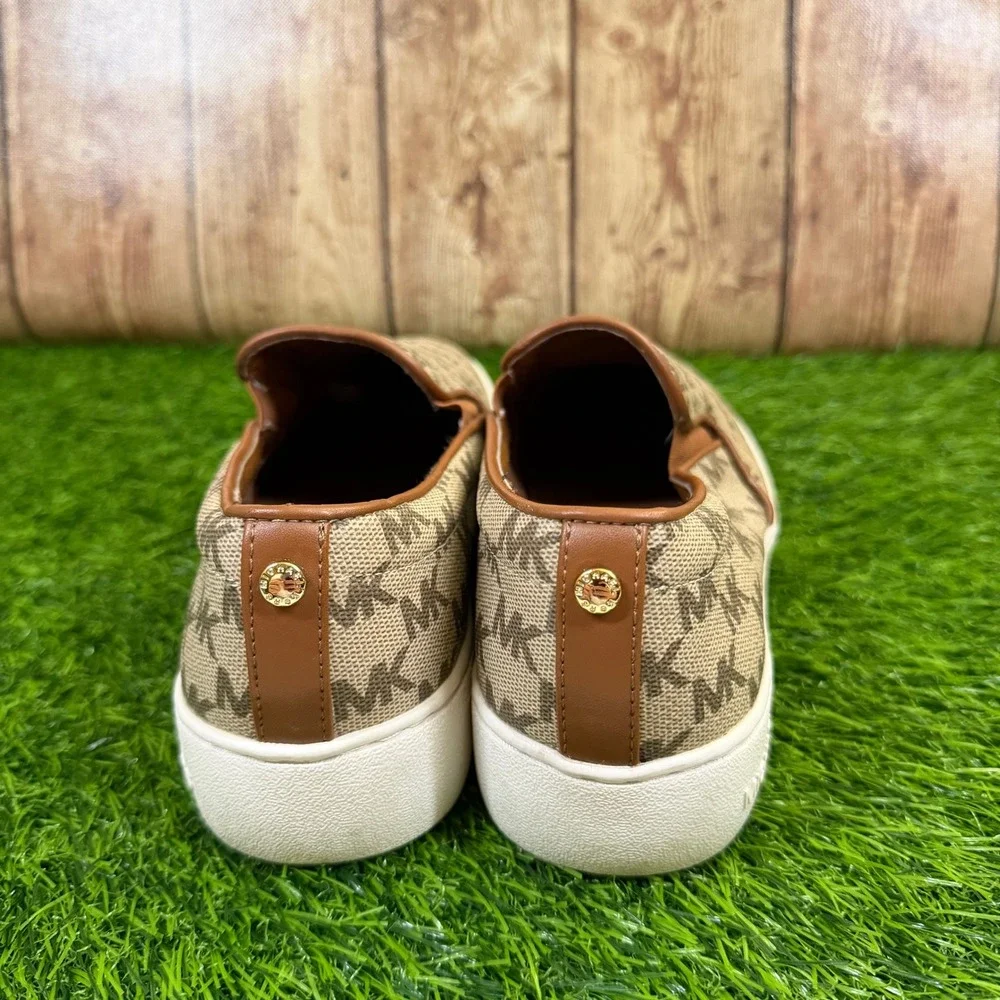 Michael Kors Keaton Slip On Sneakers Womens Size 8 Brown Logo Monogram Casual